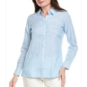 Foxcroft NYC Blue White Striped 100% Linen Button Down Shirt Plus Size 18W